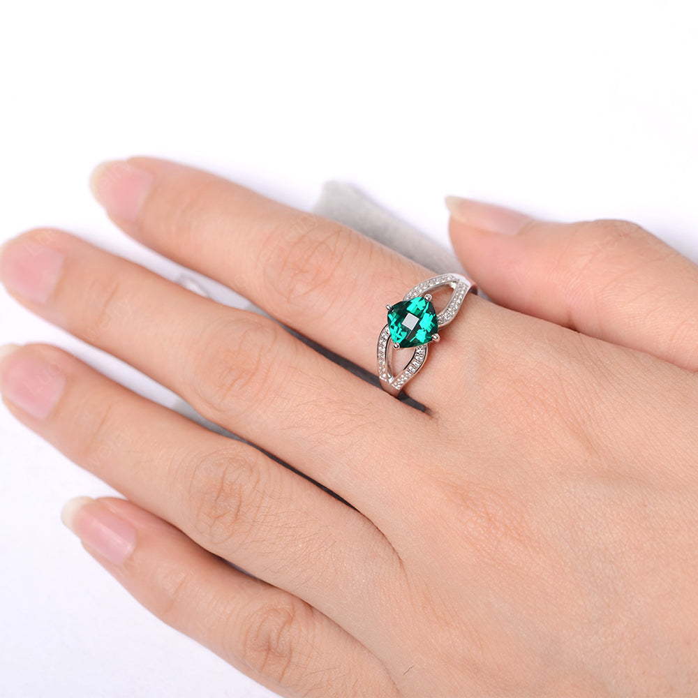 Kite Set Cushion Cut Lab Emerald Ring Split Shank - LUO Jewelry