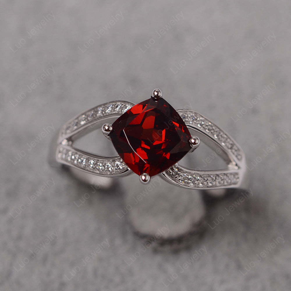 Kite Set Cushion Cut Garnet Ring Split Shank - LUO Jewelry