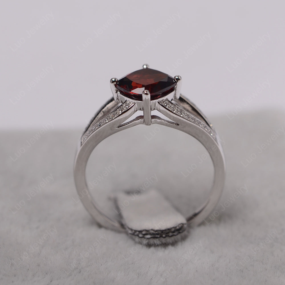 Kite Set Cushion Cut Garnet Ring Split Shank - LUO Jewelry