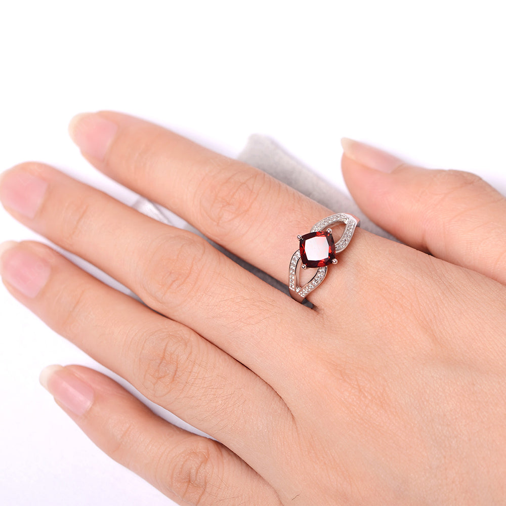 Kite Set Cushion Cut Garnet Ring Split Shank - LUO Jewelry