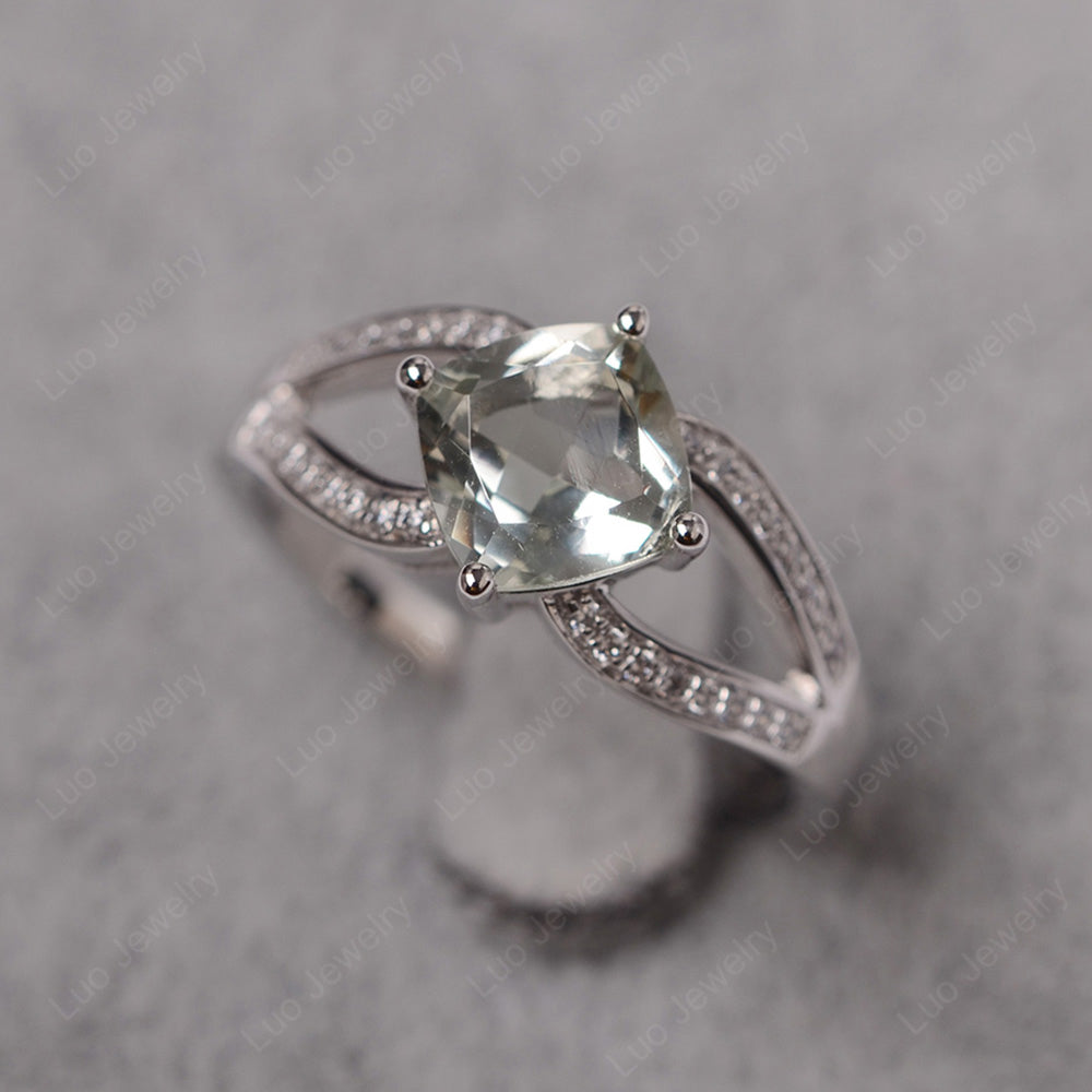 Kite Set Cushion Cut Green Amethyst Ring Split Shank - LUO Jewelry