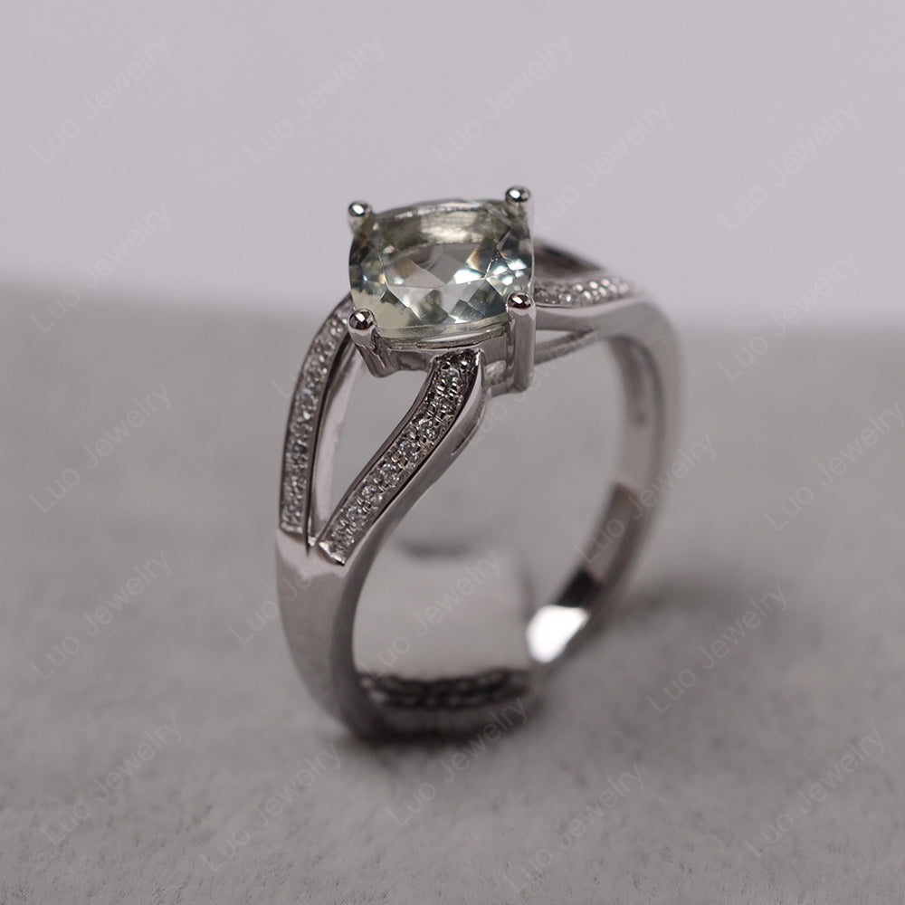 Kite Set Cushion Cut Green Amethyst Ring Split Shank - LUO Jewelry