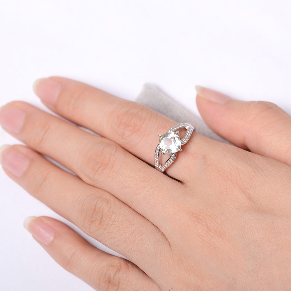 Kite Set Cushion Cut Green Amethyst Ring Split Shank - LUO Jewelry