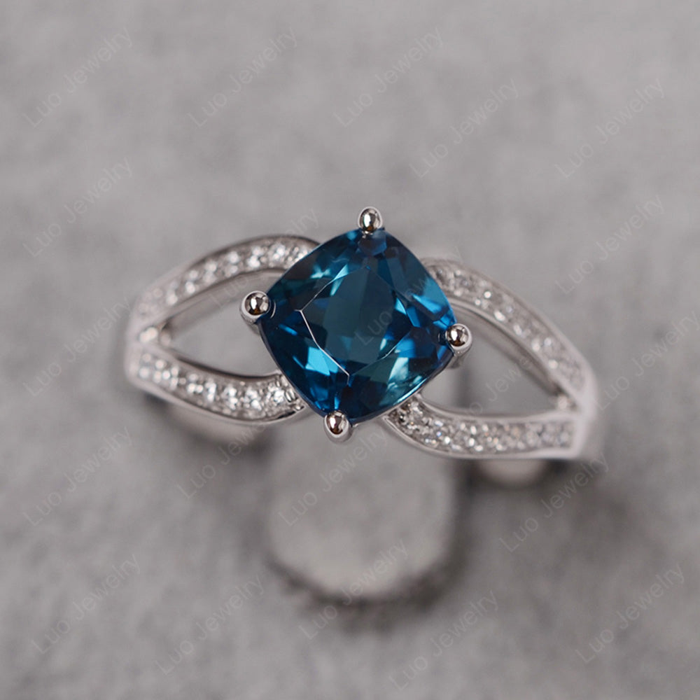 Kite Set Cushion Cut London Blue Topaz Ring Split Shank - LUO Jewelry