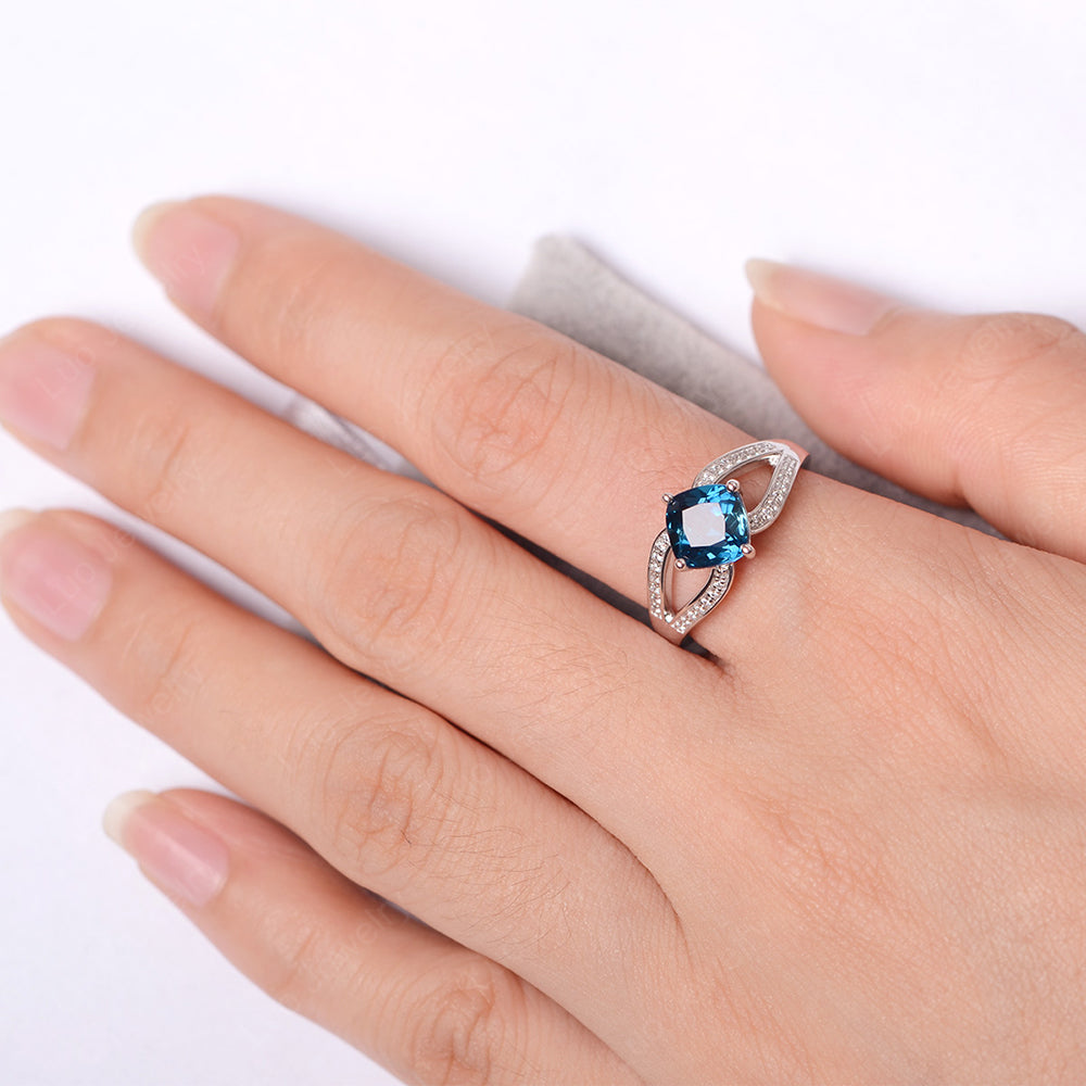 Kite Set Cushion Cut London Blue Topaz Ring Split Shank - LUO Jewelry