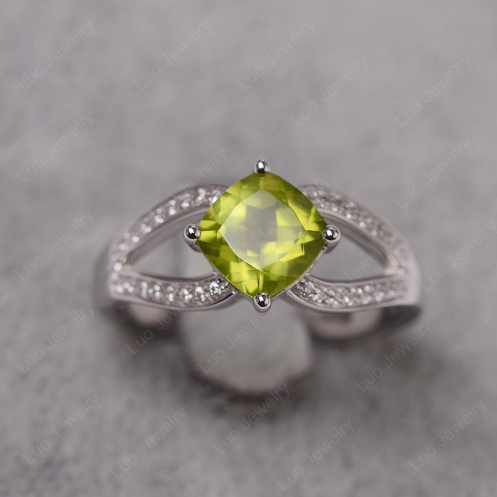 Kite Set Cushion Cut Peridot Ring Split Shank - LUO Jewelry