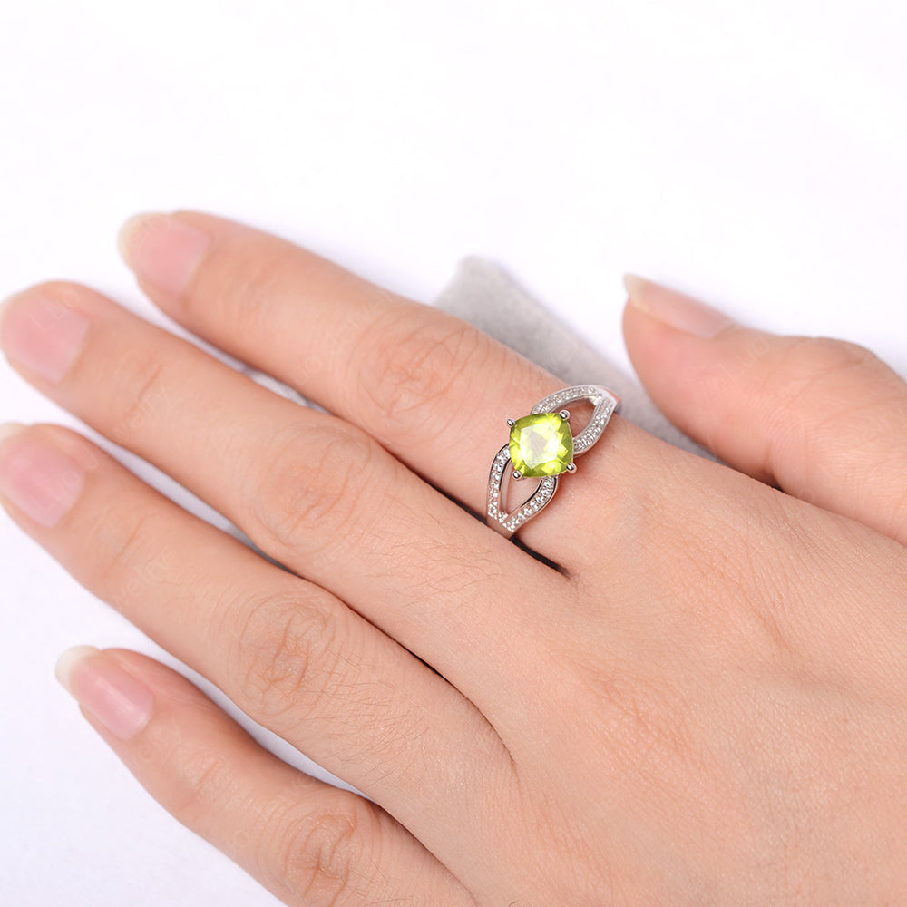 Kite Set Cushion Cut Peridot Ring Split Shank - LUO Jewelry