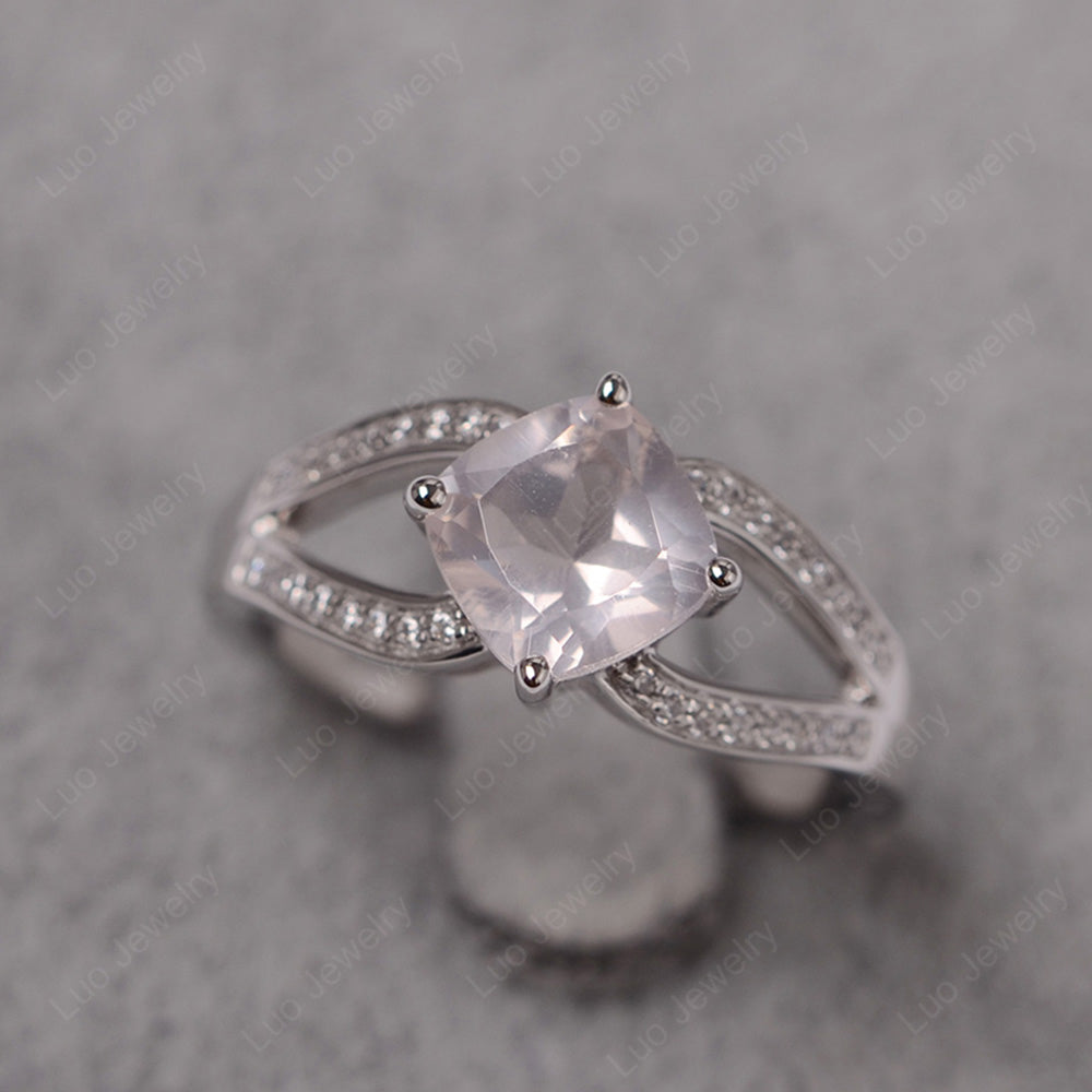 Kite Set Cushion Cut Rose Quartz Ring Split Shank - LUO Jewelry