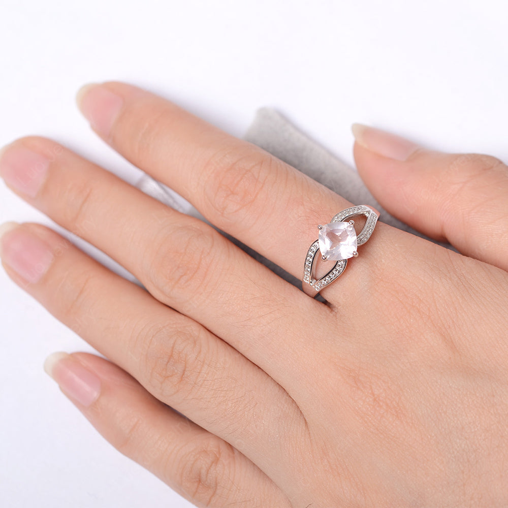 Kite Set Cushion Cut Rose Quartz Ring Split Shank - LUO Jewelry