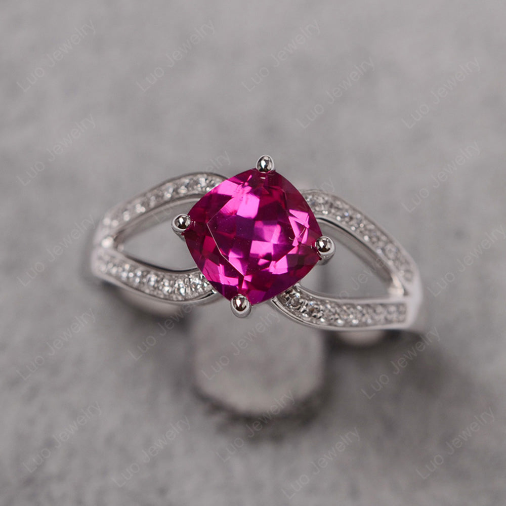 Kite Set Cushion Cut Ruby Ring Split Shank - LUO Jewelry