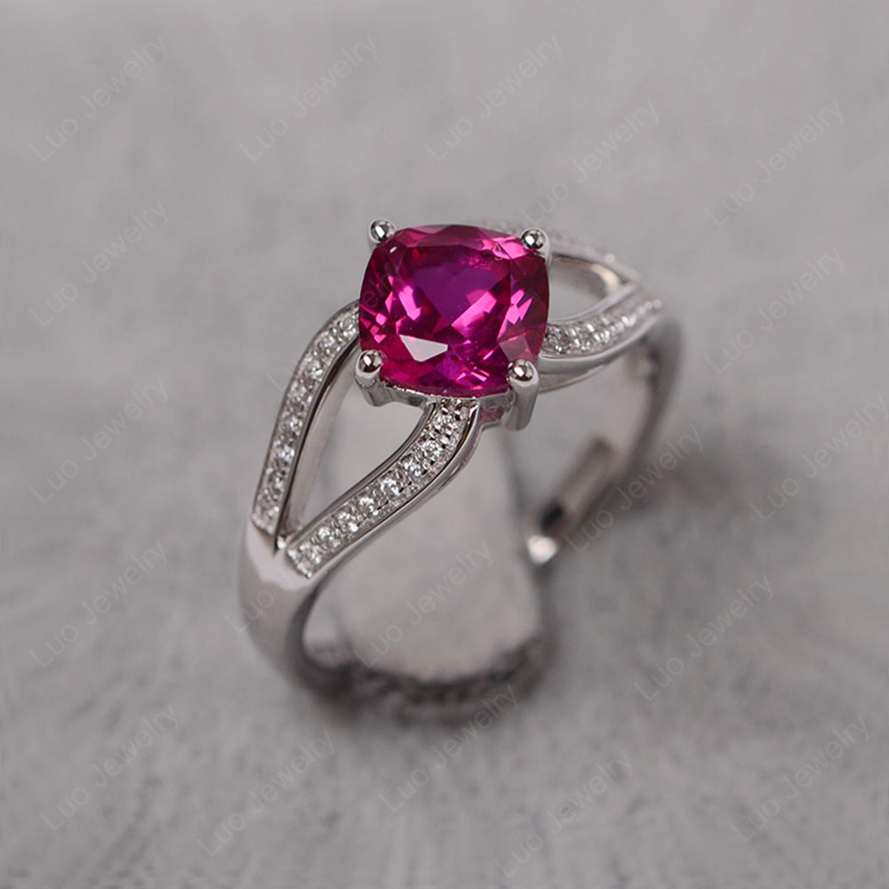 Kite Set Cushion Cut Ruby Ring Split Shank - LUO Jewelry