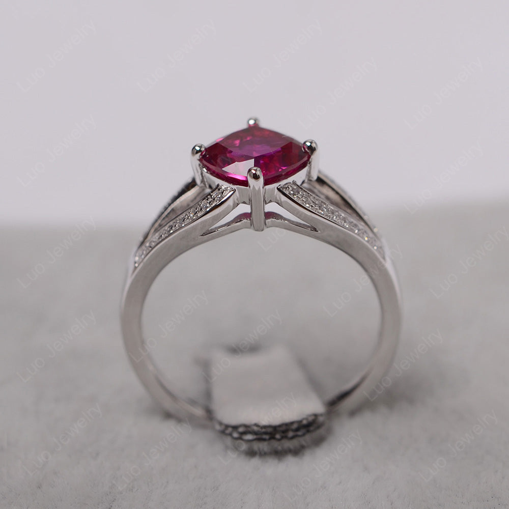 Kite Set Cushion Cut Ruby Ring Split Shank - LUO Jewelry