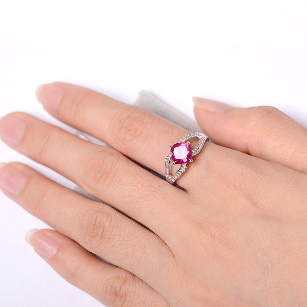 Kite Set Cushion Cut Ruby Ring Split Shank - LUO Jewelry