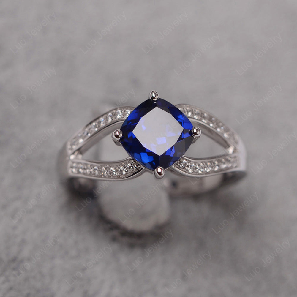 Kite Set Cushion Cut Lab Sapphire Ring Split Shank - LUO Jewelry