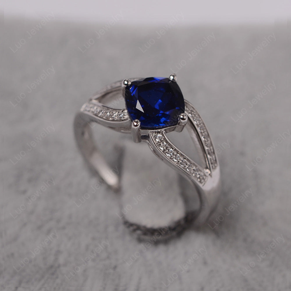 Kite Set Cushion Cut Lab Sapphire Ring Split Shank - LUO Jewelry