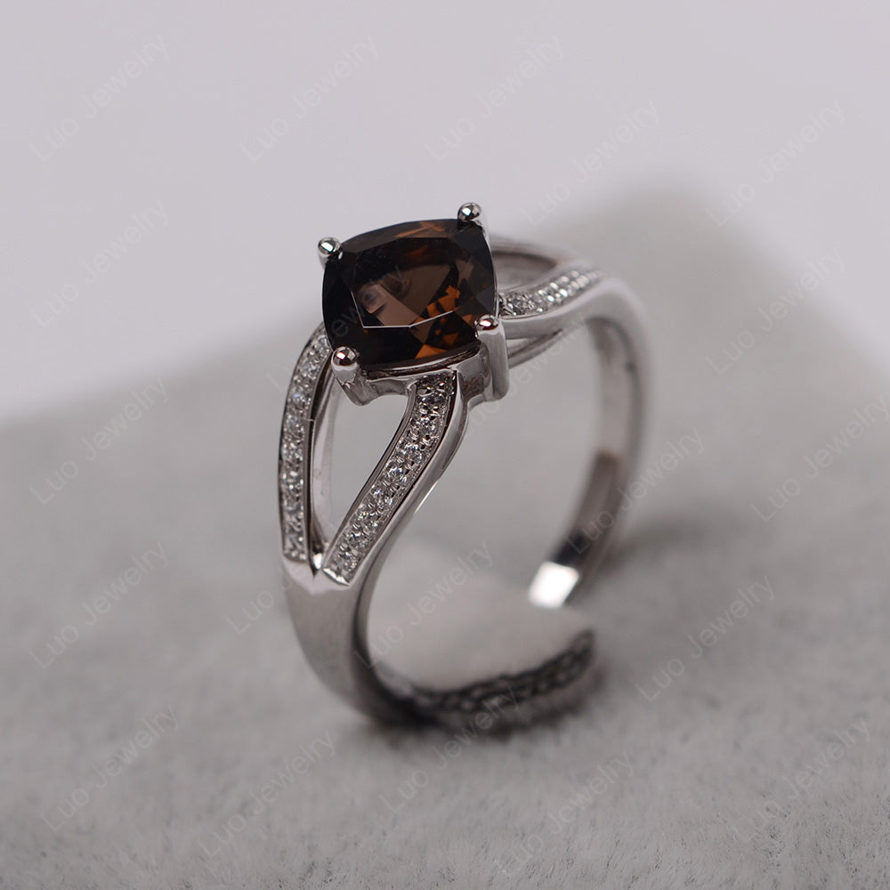 Kite Set Cushion Cut Smoky Quartz  Ring Split Shank - LUO Jewelry