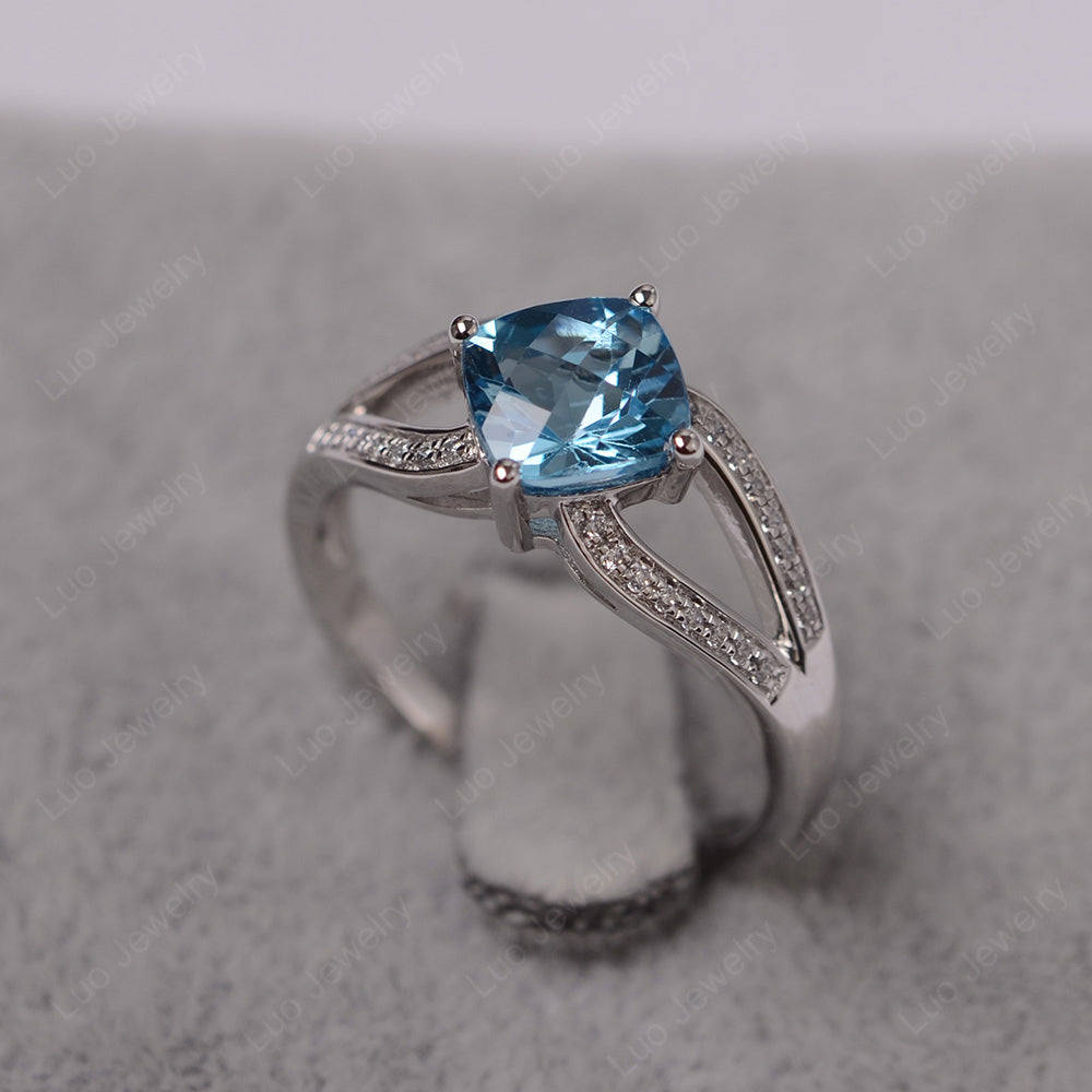 Kite Set Cushion Cut Swiss Blue Topaz Ring Split Shank - LUO Jewelry