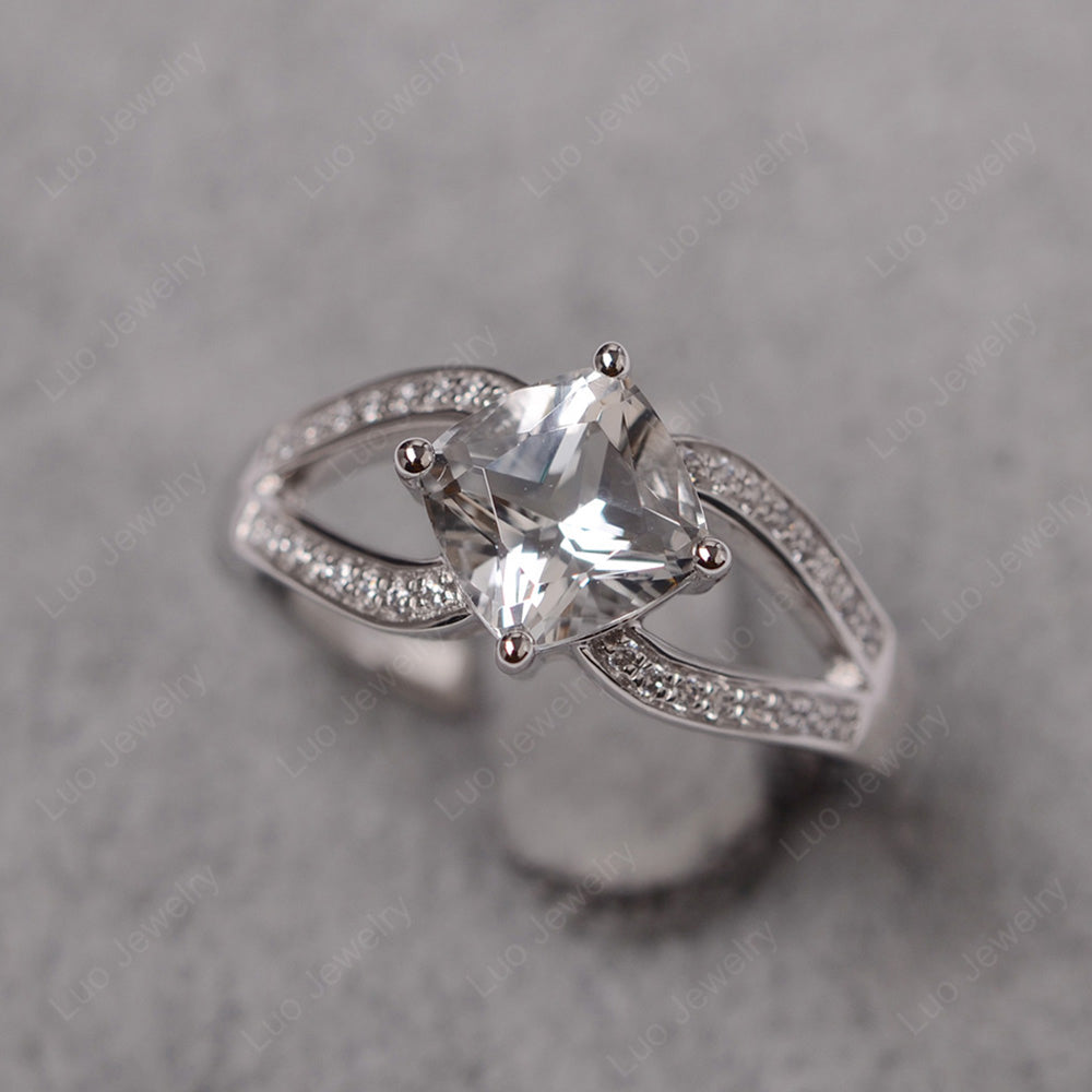 Kite Set Cushion Cut White Topaz Ring Split Shank - LUO Jewelry