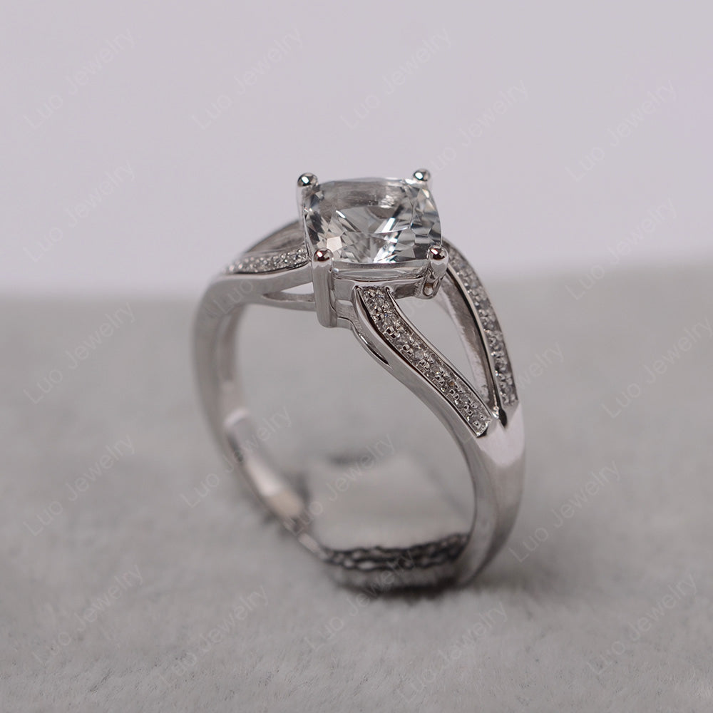 Kite Set Cushion Cut White Topaz Ring Split Shank - LUO Jewelry