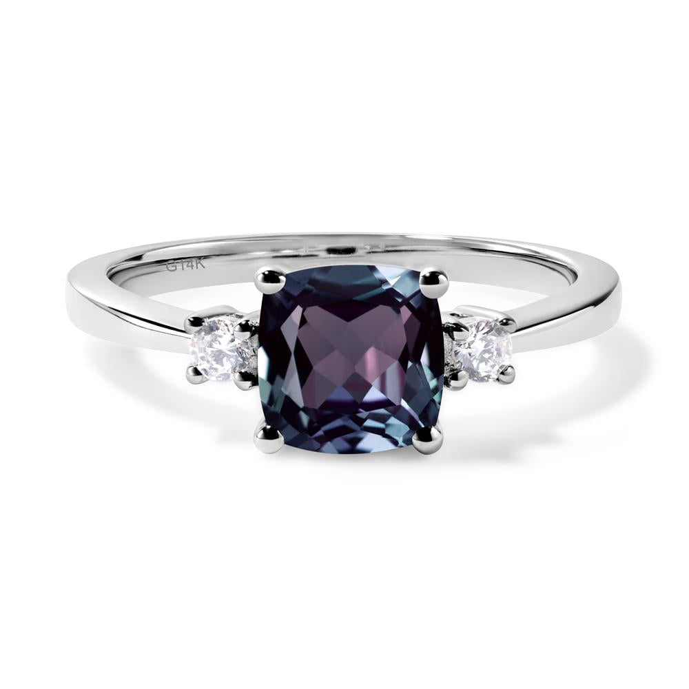 Cushion Cut Lab Grown Alexandrite Trilogy Ring - LUO Jewelry #metal_14k white gold