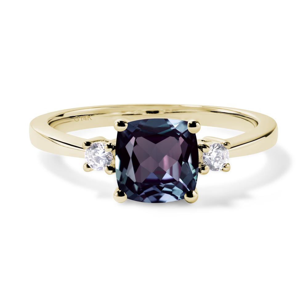 Cushion Cut Lab Grown Alexandrite Trilogy Ring - LUO Jewelry #metal_14k yellow gold