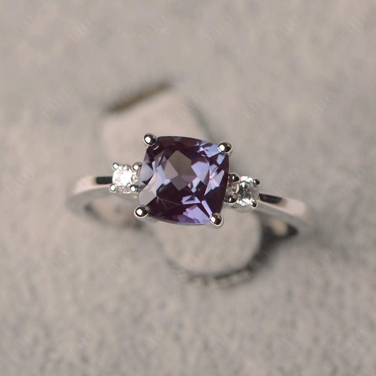 Cushion Cut Lab Grown Alexandrite Trilogy Ring - LUO Jewelry