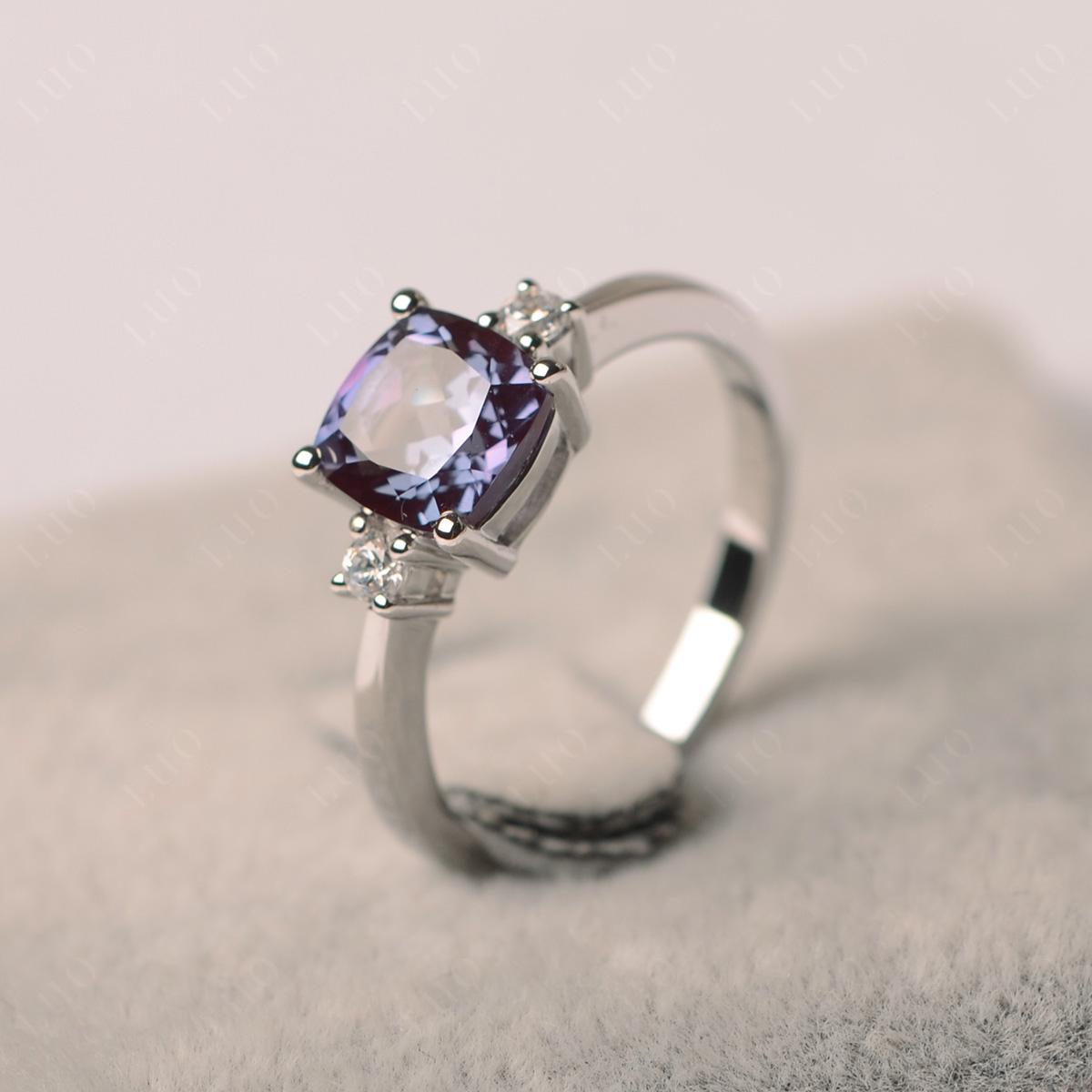 Cushion Cut Lab Grown Alexandrite Trilogy Ring - LUO Jewelry