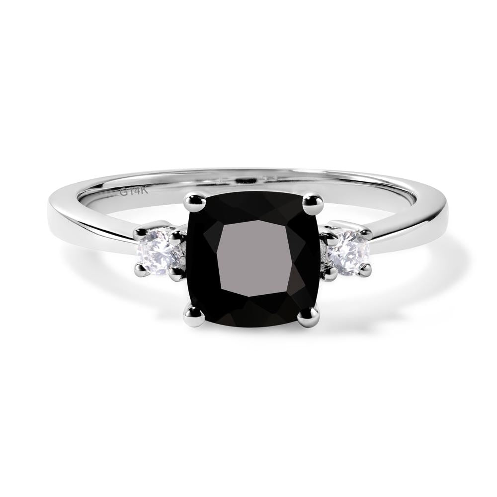 Cushion Cut Black Stone Trilogy Ring - LUO Jewelry #metal_14k white gold