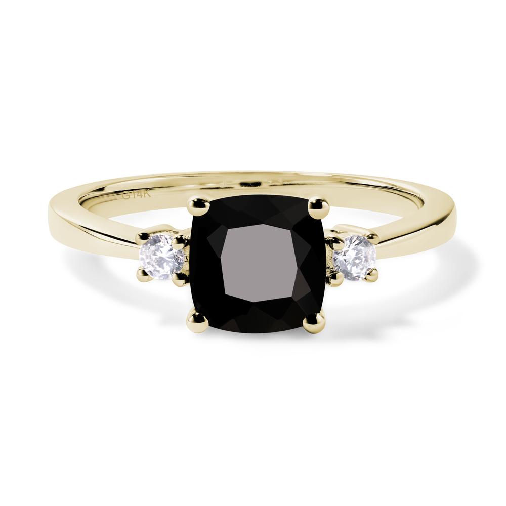 Cushion Cut Black Stone Trilogy Ring - LUO Jewelry #metal_14k yellow gold