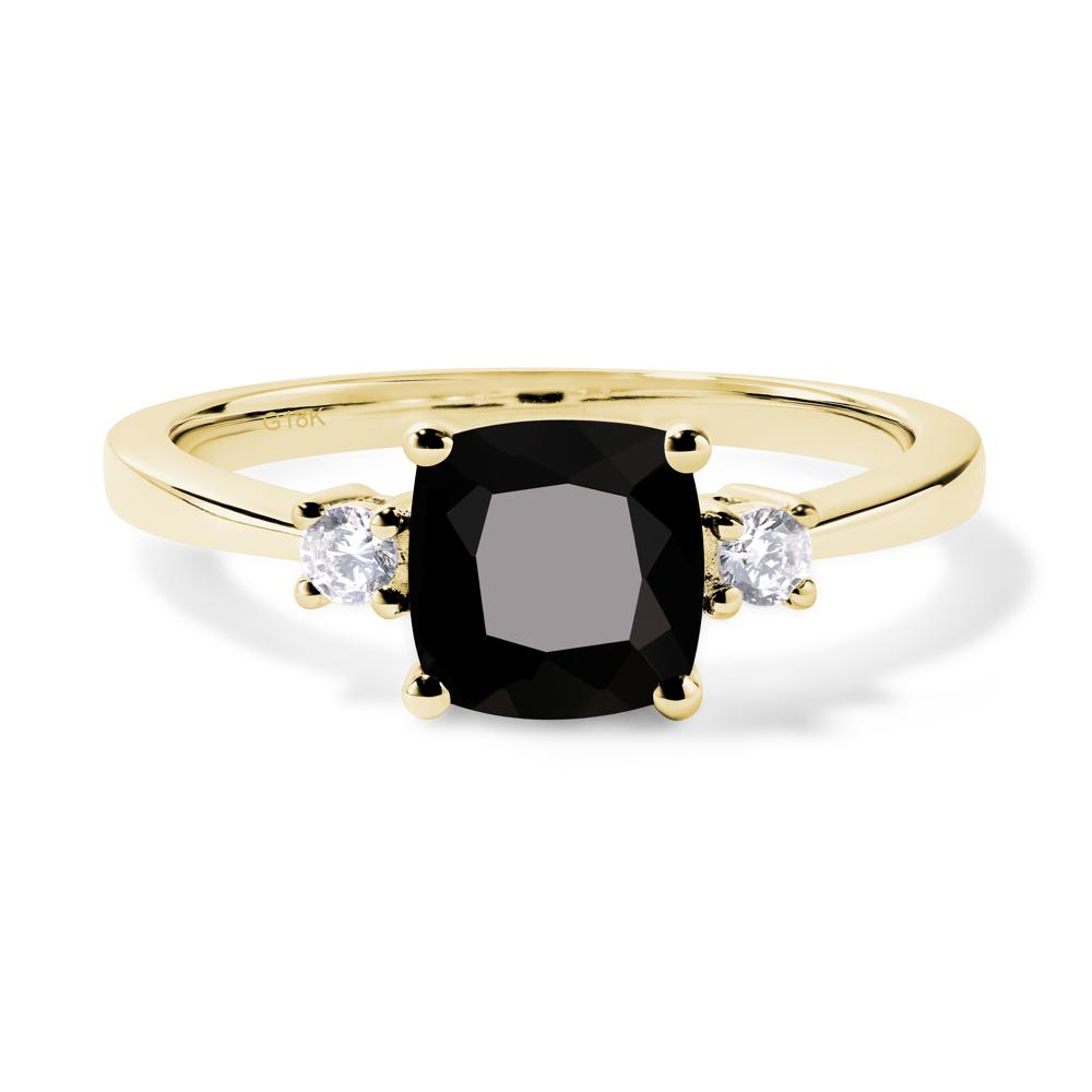 Cushion Cut Black Stone Trilogy Ring - LUO Jewelry #metal_18k yellow gold