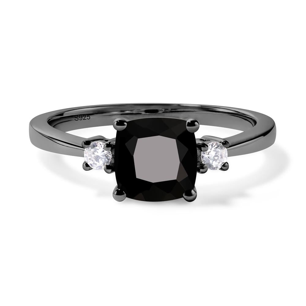 Cushion Cut Black Stone Trilogy Ring - LUO Jewelry #metal_black finish sterling silver