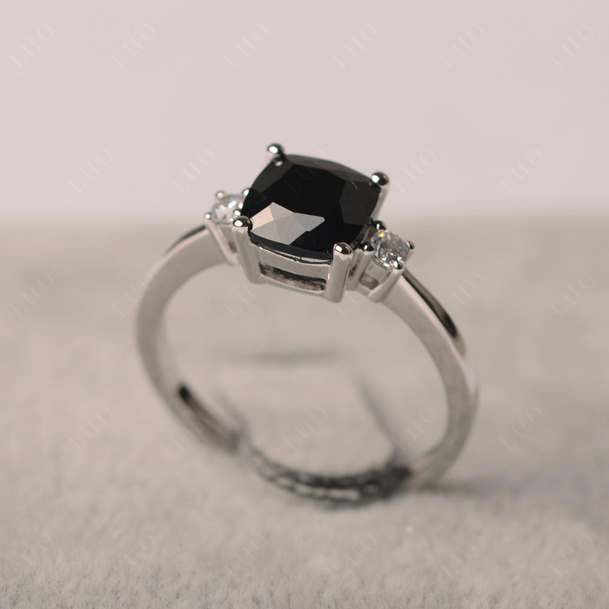 Cushion Cut Black Stone Trilogy Ring - LUO Jewelry