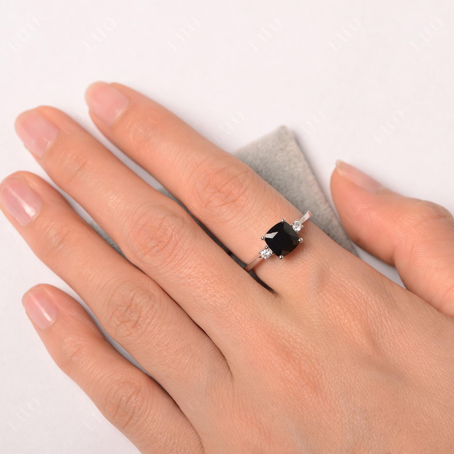 Cushion Cut Black Stone Trilogy Ring - LUO Jewelry