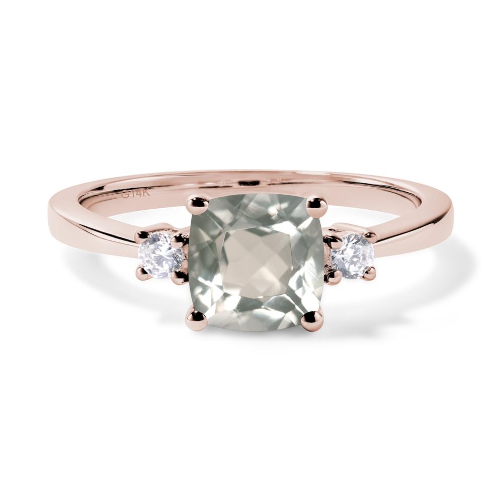 Cushion Cut Green Amethyst Trilogy Ring - LUO Jewelry #metal_14k rose gold