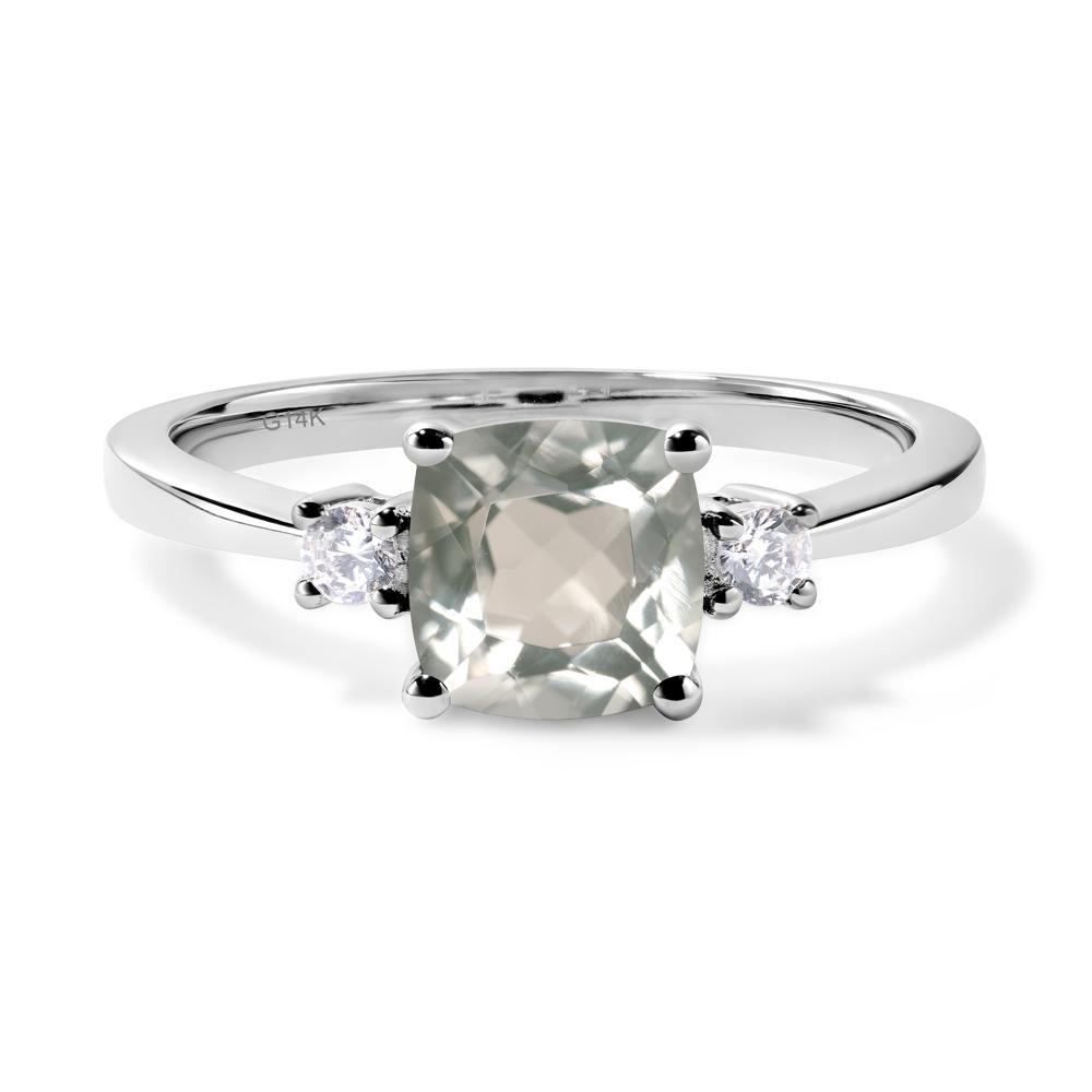 Cushion Cut Green Amethyst Trilogy Ring - LUO Jewelry #metal_14k white gold