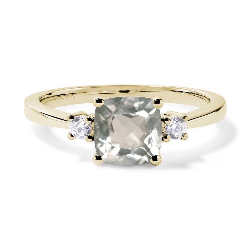 Cushion Cut Green Amethyst Trilogy Ring - LUO Jewelry #metal_14k yellow gold