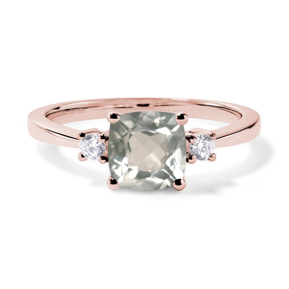 Cushion Cut Green Amethyst Trilogy Ring - LUO Jewelry #metal_18k rose gold