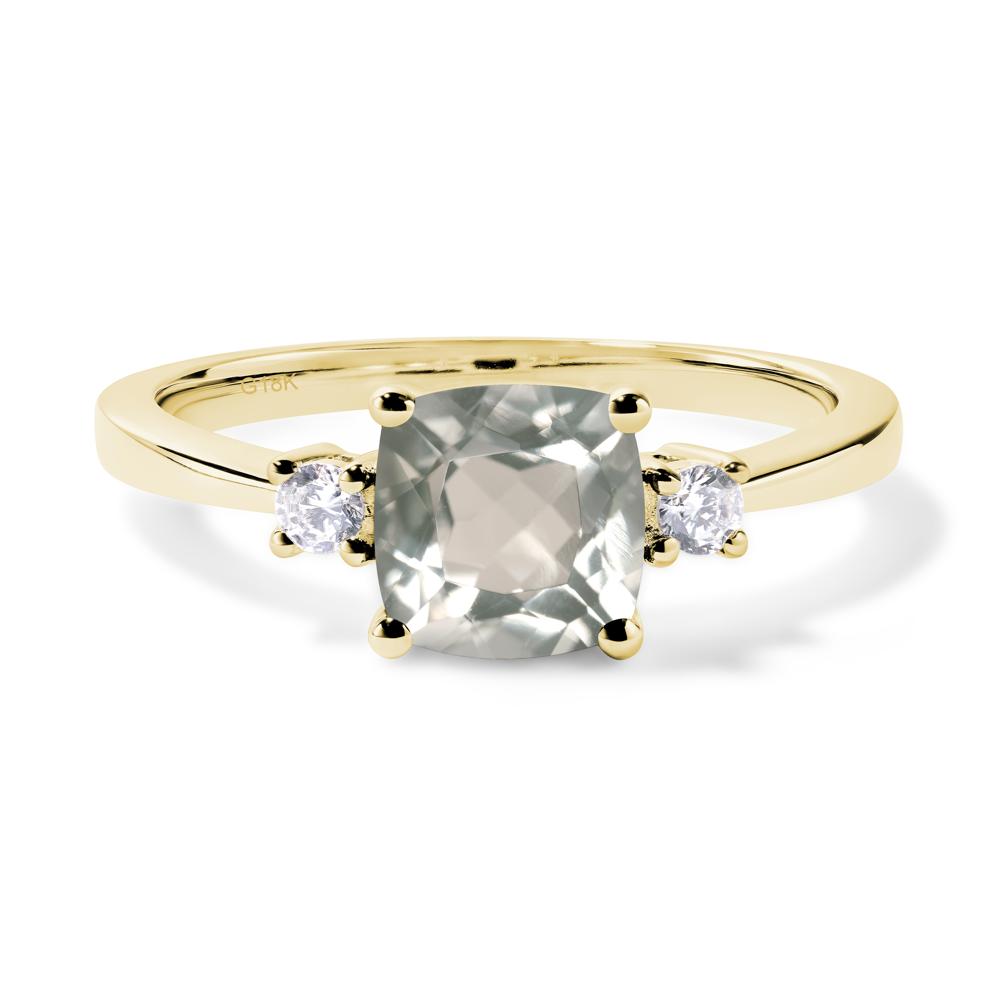 Cushion Cut Green Amethyst Trilogy Ring - LUO Jewelry #metal_18k yellow gold