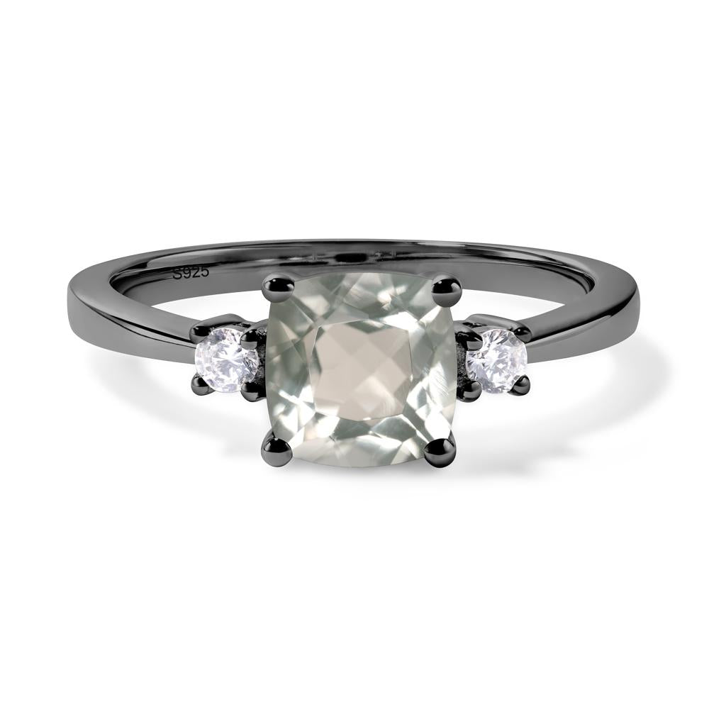 Cushion Cut Green Amethyst Trilogy Ring - LUO Jewelry #metal_black finish sterling silver