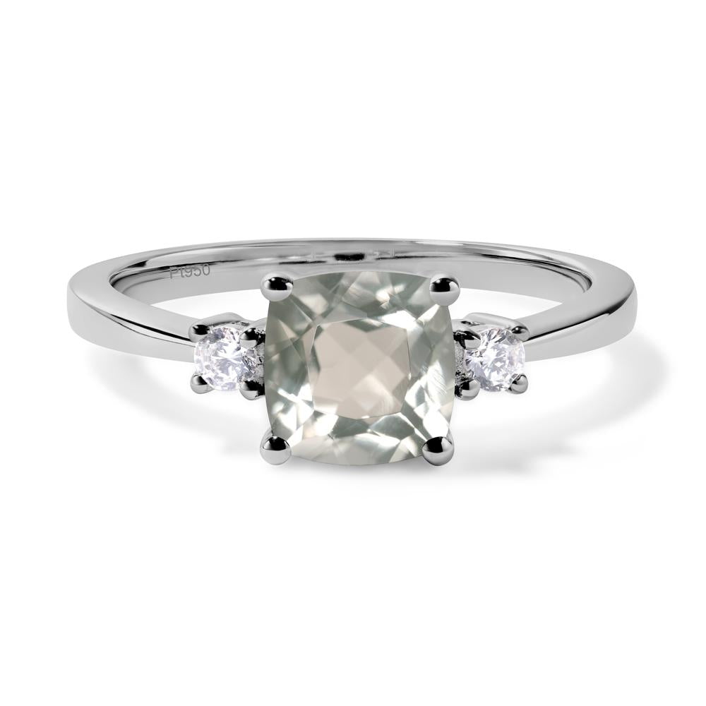 Cushion Cut Green Amethyst Trilogy Ring - LUO Jewelry #metal_platinum