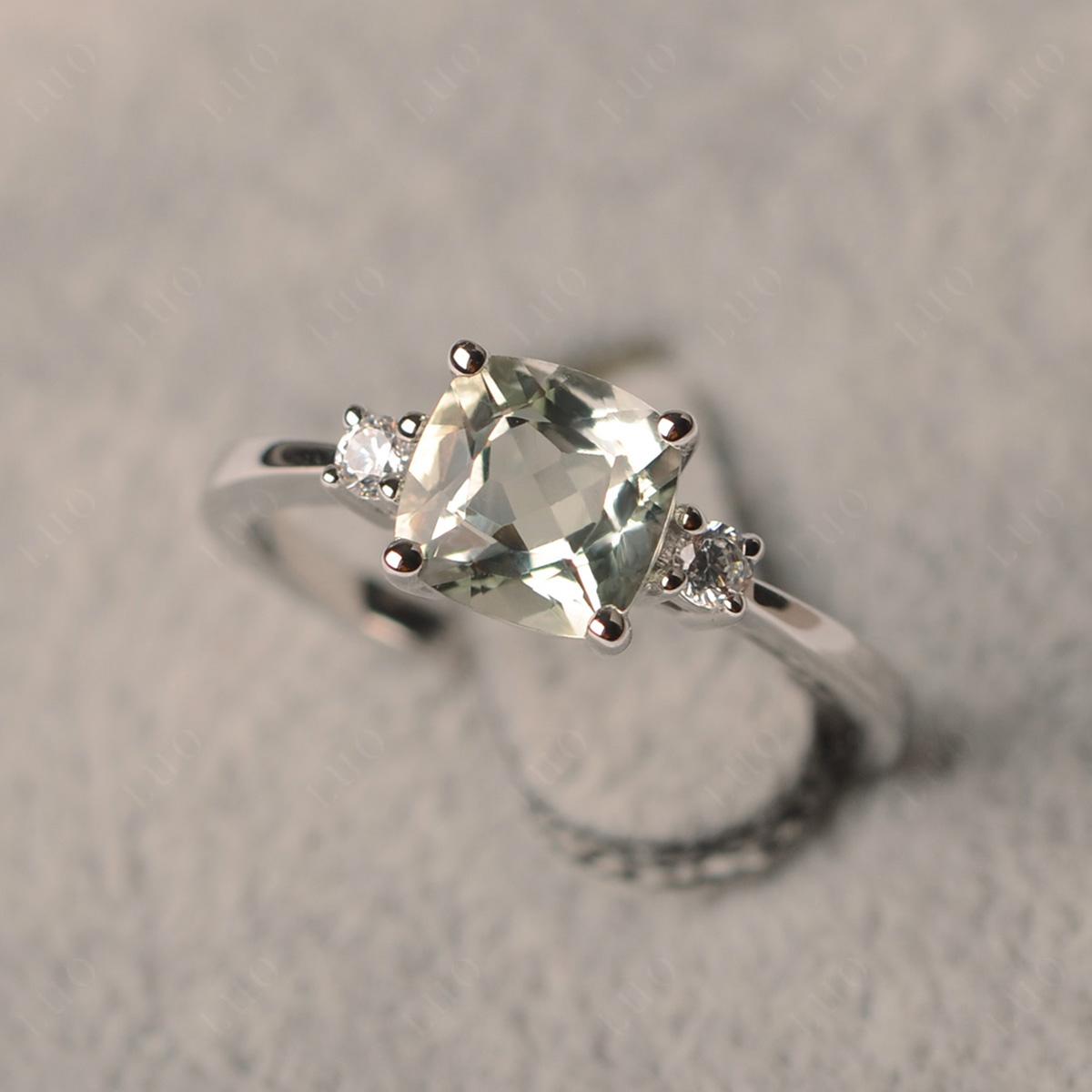 Cushion Cut Green Amethyst Trilogy Ring - LUO Jewelry