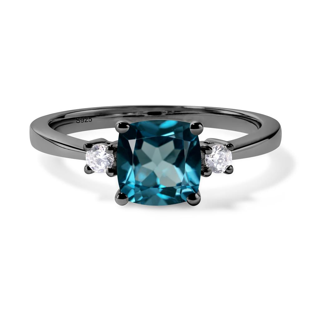 Cushion Cut London Blue Topaz Trilogy Ring - LUO Jewelry #metal_black finish sterling silver