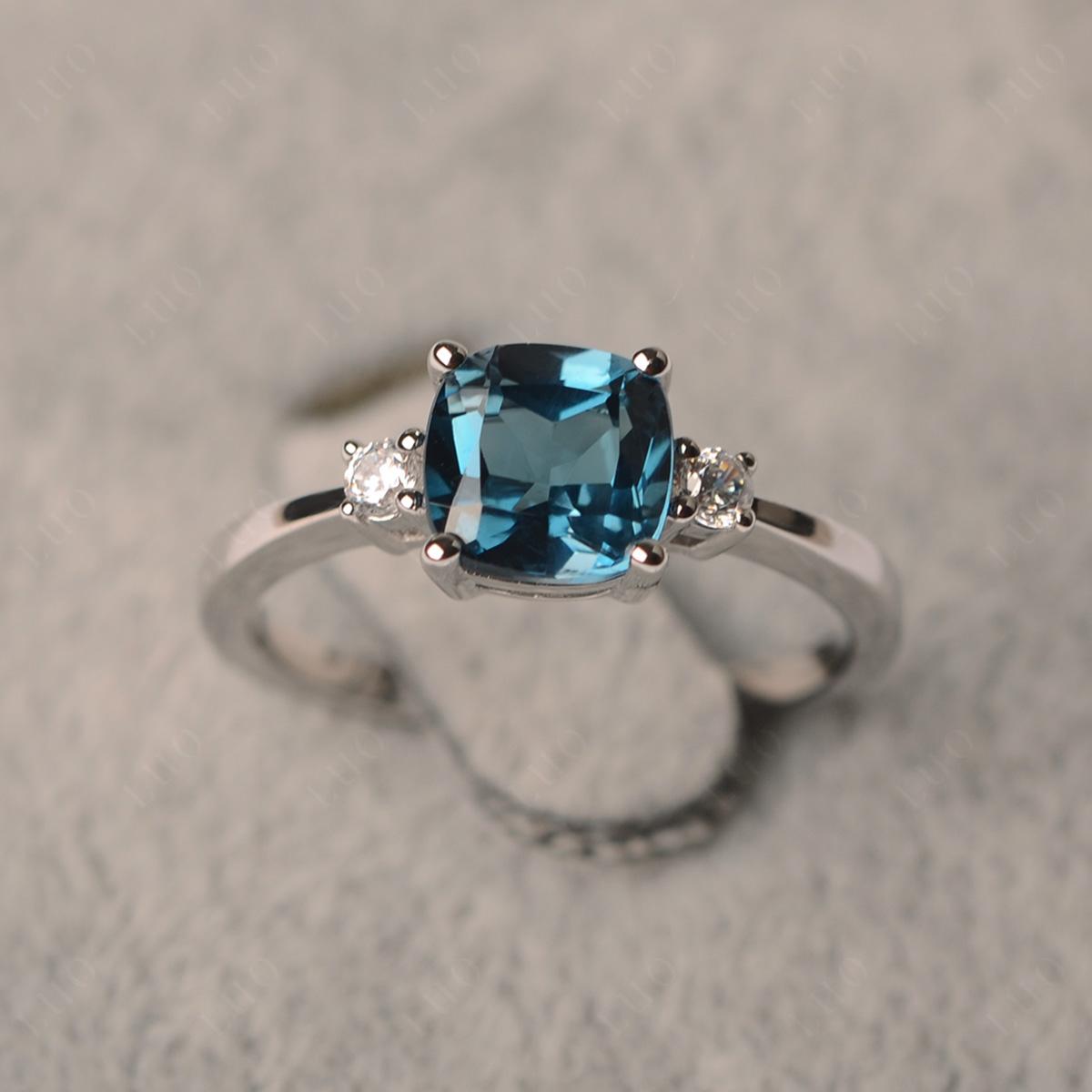 Cushion Cut London Blue Topaz Trilogy Ring - LUO Jewelry