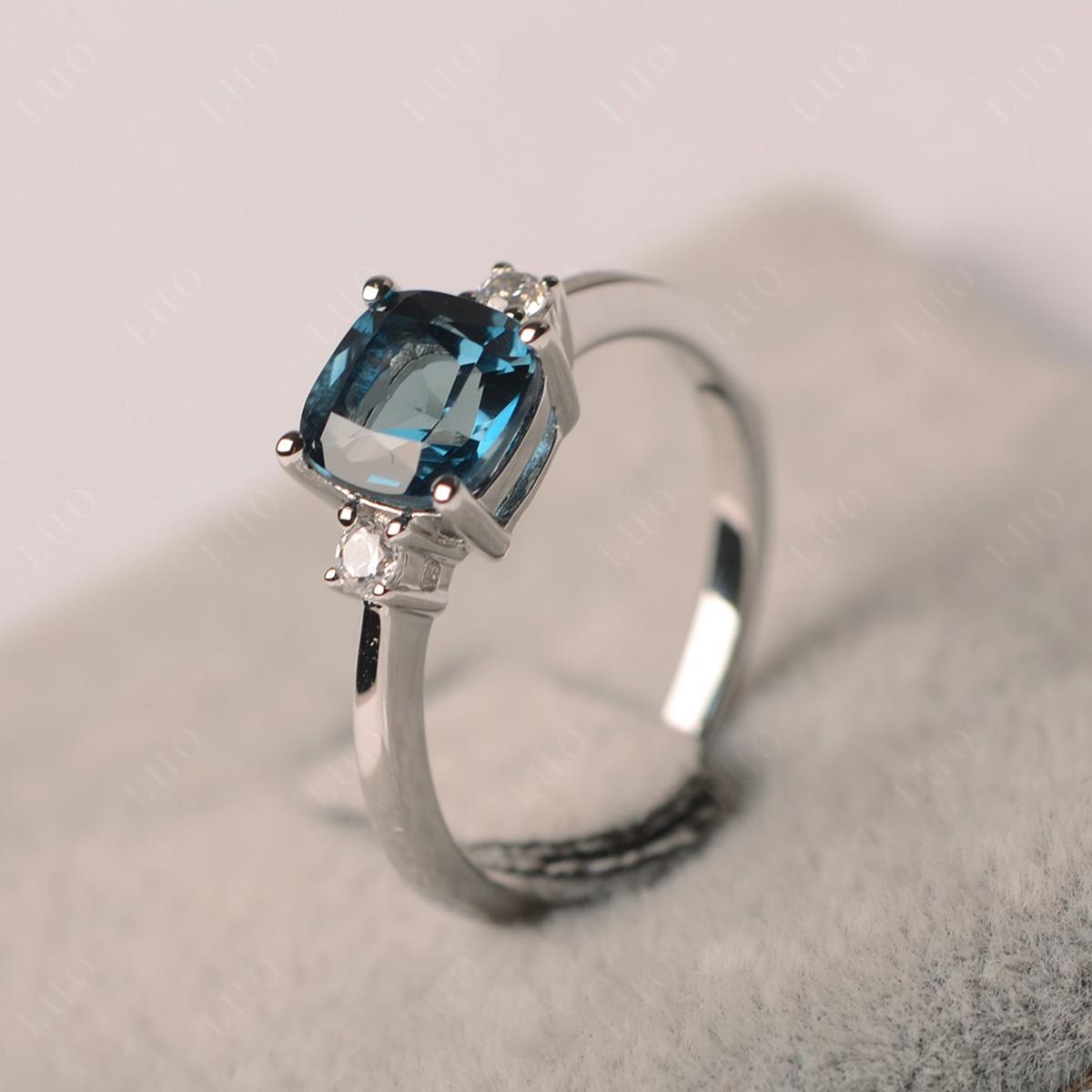 Cushion Cut London Blue Topaz Trilogy Ring - LUO Jewelry
