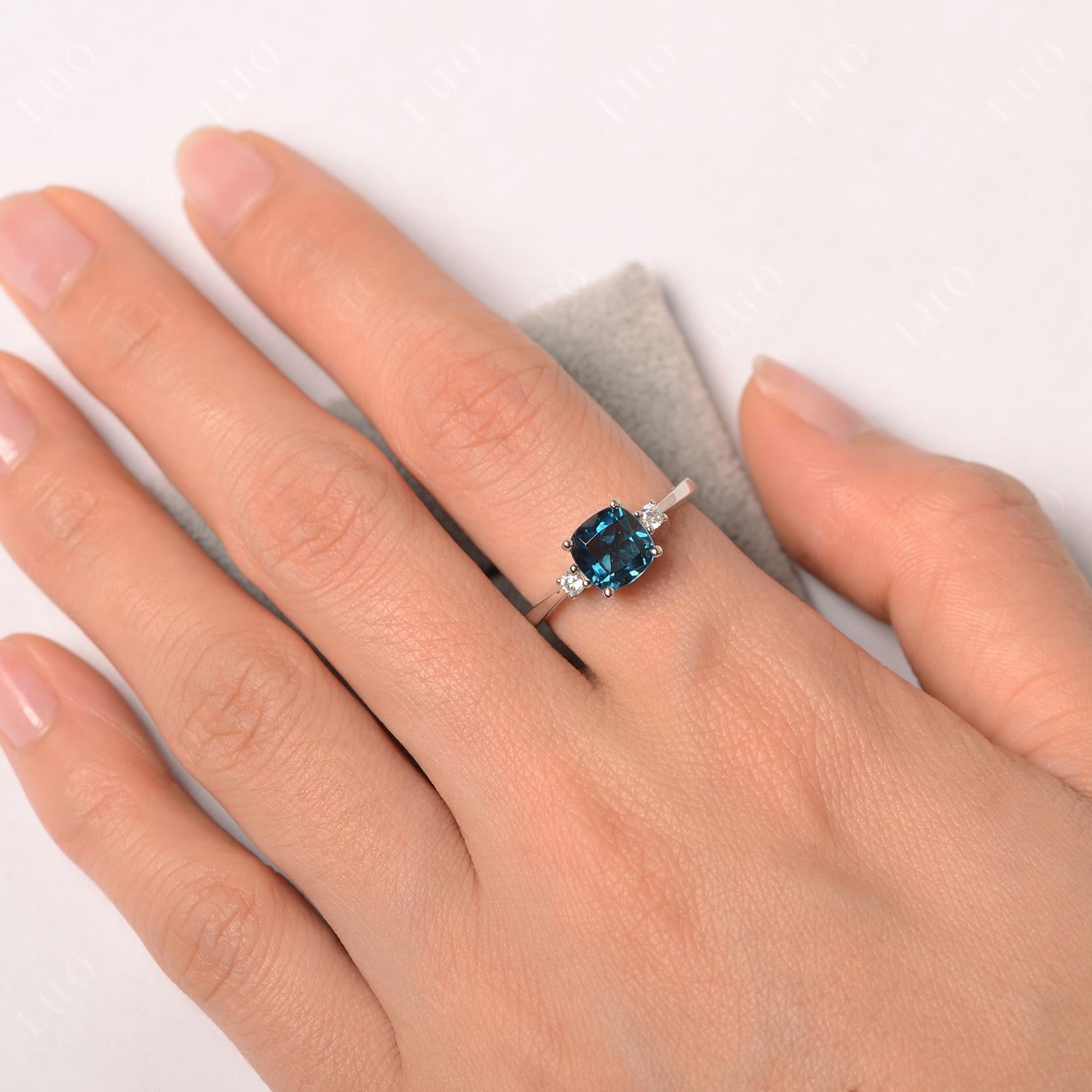 Cushion Cut London Blue Topaz Trilogy Ring - LUO Jewelry