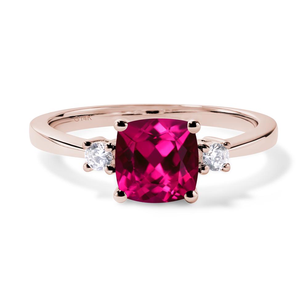 Cushion Cut Lab Grown Ruby Trilogy Ring - LUO Jewelry #metal_14k rose gold