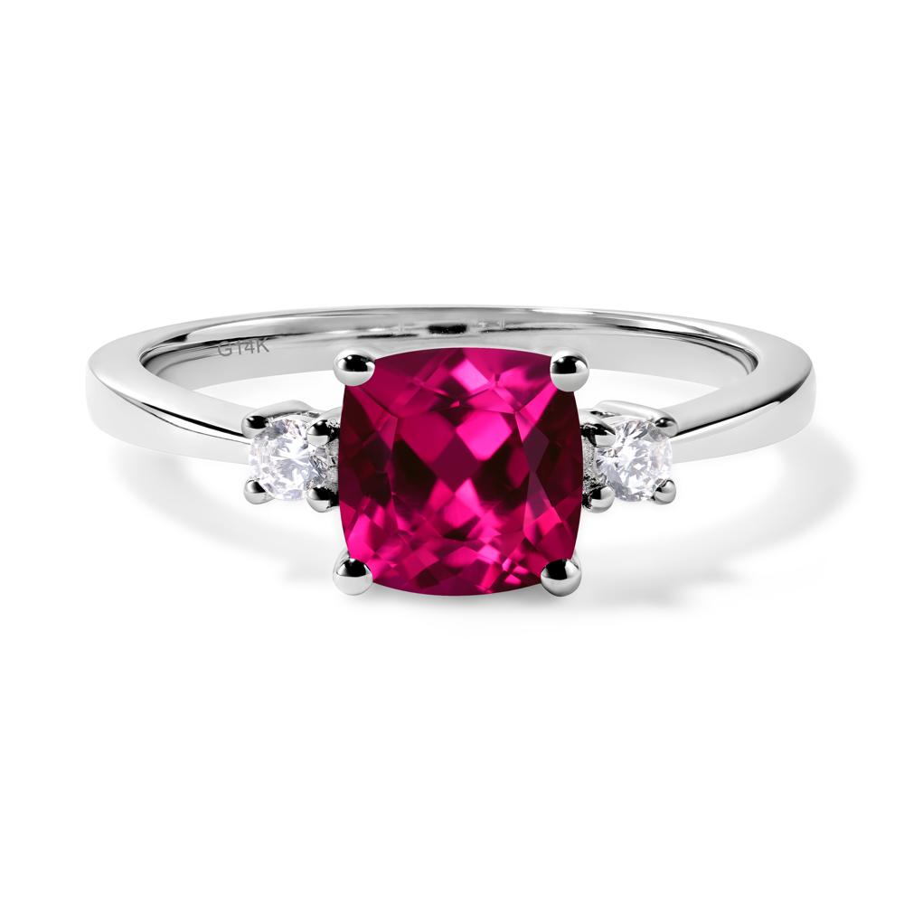 Cushion Cut Lab Grown Ruby Trilogy Ring - LUO Jewelry #metal_14k white gold