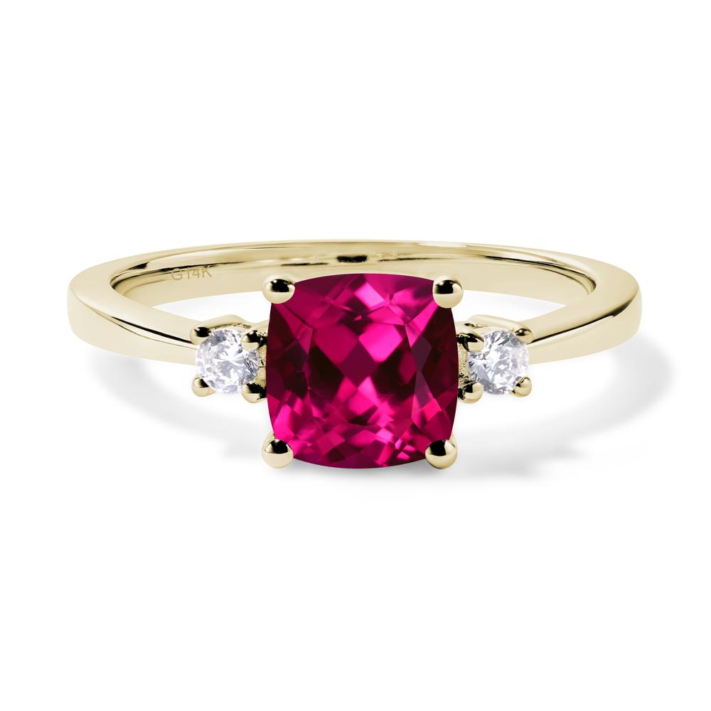 Cushion Cut Lab Grown Ruby Trilogy Ring - LUO Jewelry #metal_14k yellow gold