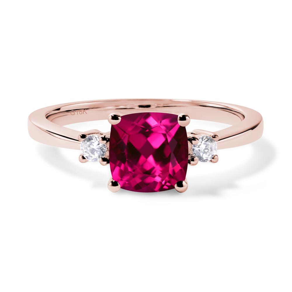 Cushion Cut Lab Grown Ruby Trilogy Ring - LUO Jewelry #metal_18k rose gold