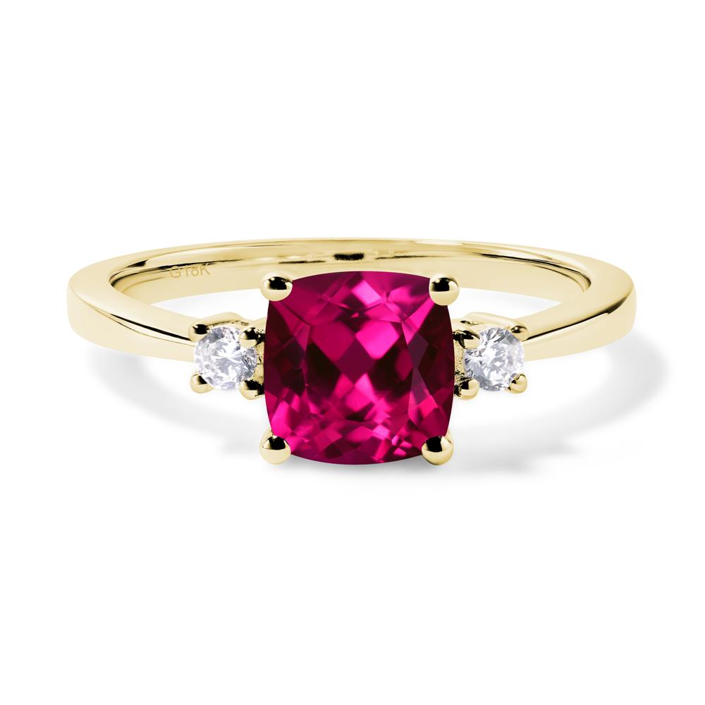 Cushion Cut Lab Grown Ruby Trilogy Ring - LUO Jewelry #metal_18k yellow gold